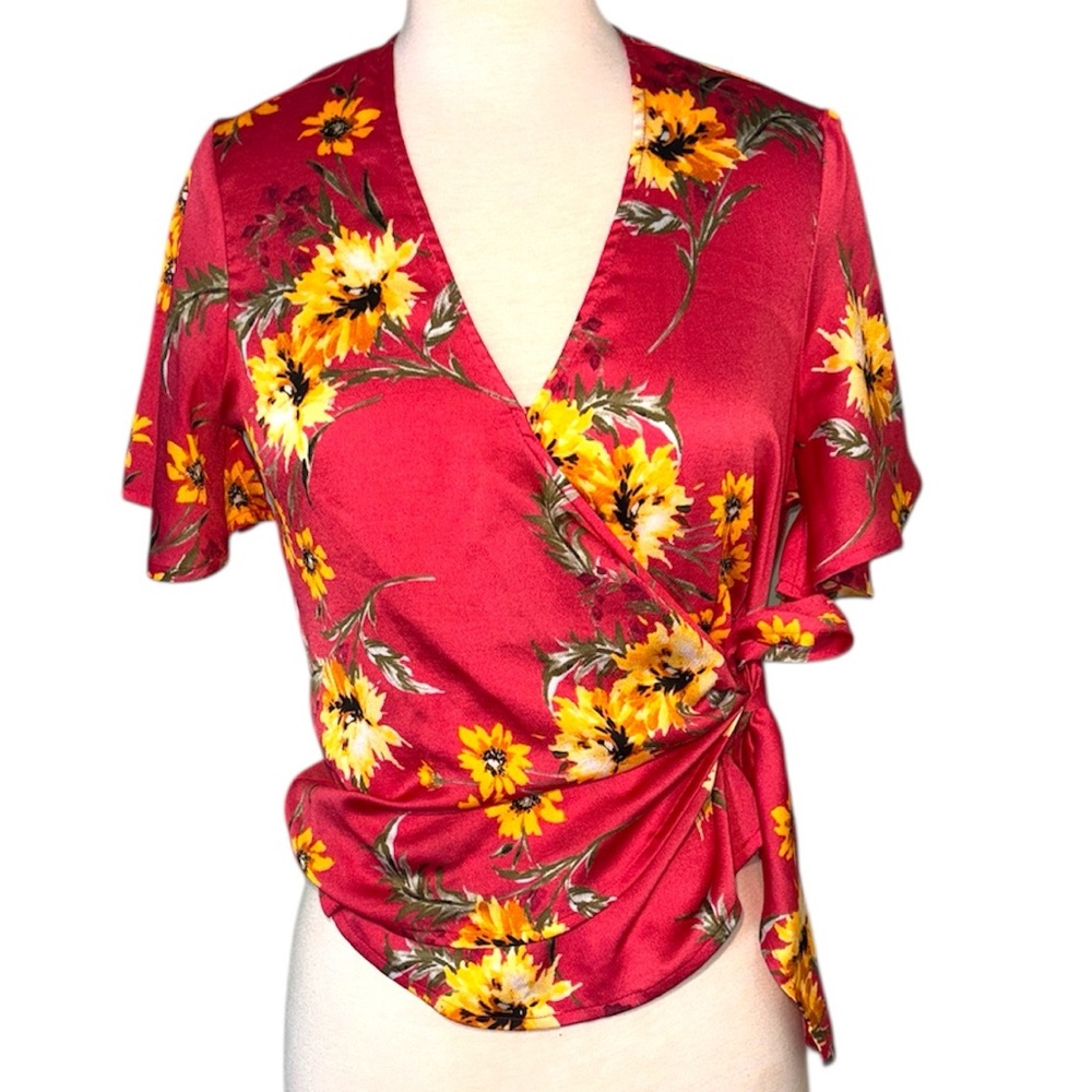 EXPRESS Elegant Floral Wrap Blouse - Burgundy and Yellow Size small - Picture 10 of 10